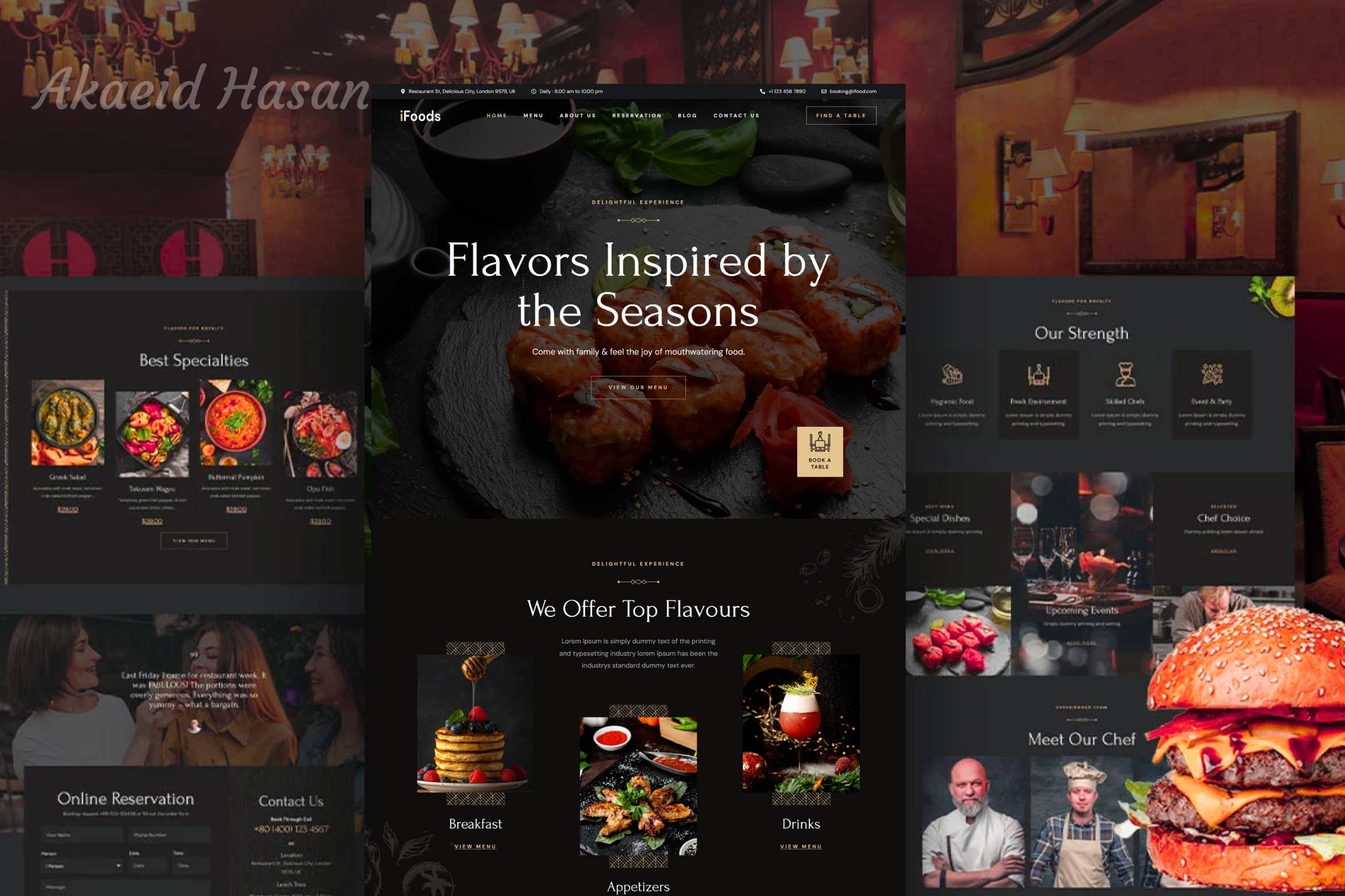 Screenshot of a Restaurant Food Website project designed and developed by Akaeid Hasan using WordPress and Elementor. The image features a modern and attractive restaurant website layout with sections for menu display, services, customer testimonials, and contact information. The design focuses on showcasing the restaurant's offerings, attracting more customers online, and providing an easy browsing experience. This project represents a fully functional restaurant website created by Akaeid Hasan with responsive design, fast loading speed, and SEO-friendly structure to help food businesses grow their online presence.